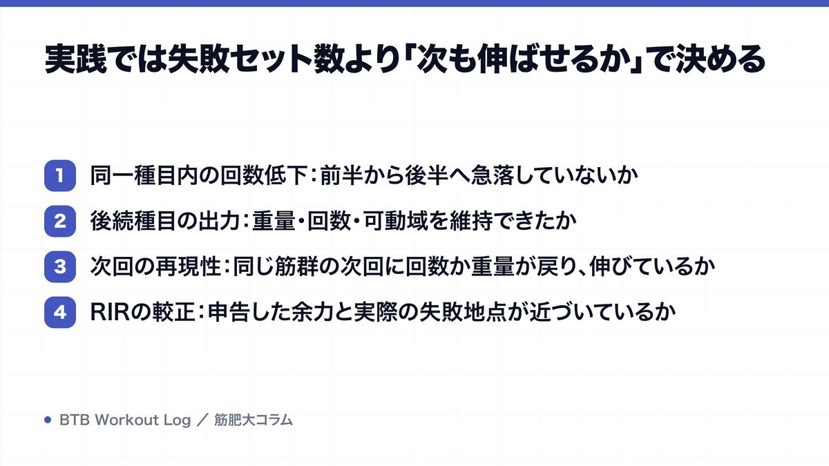 実践では失敗セット数より「次も伸ばせるか」で決めるを示す図解